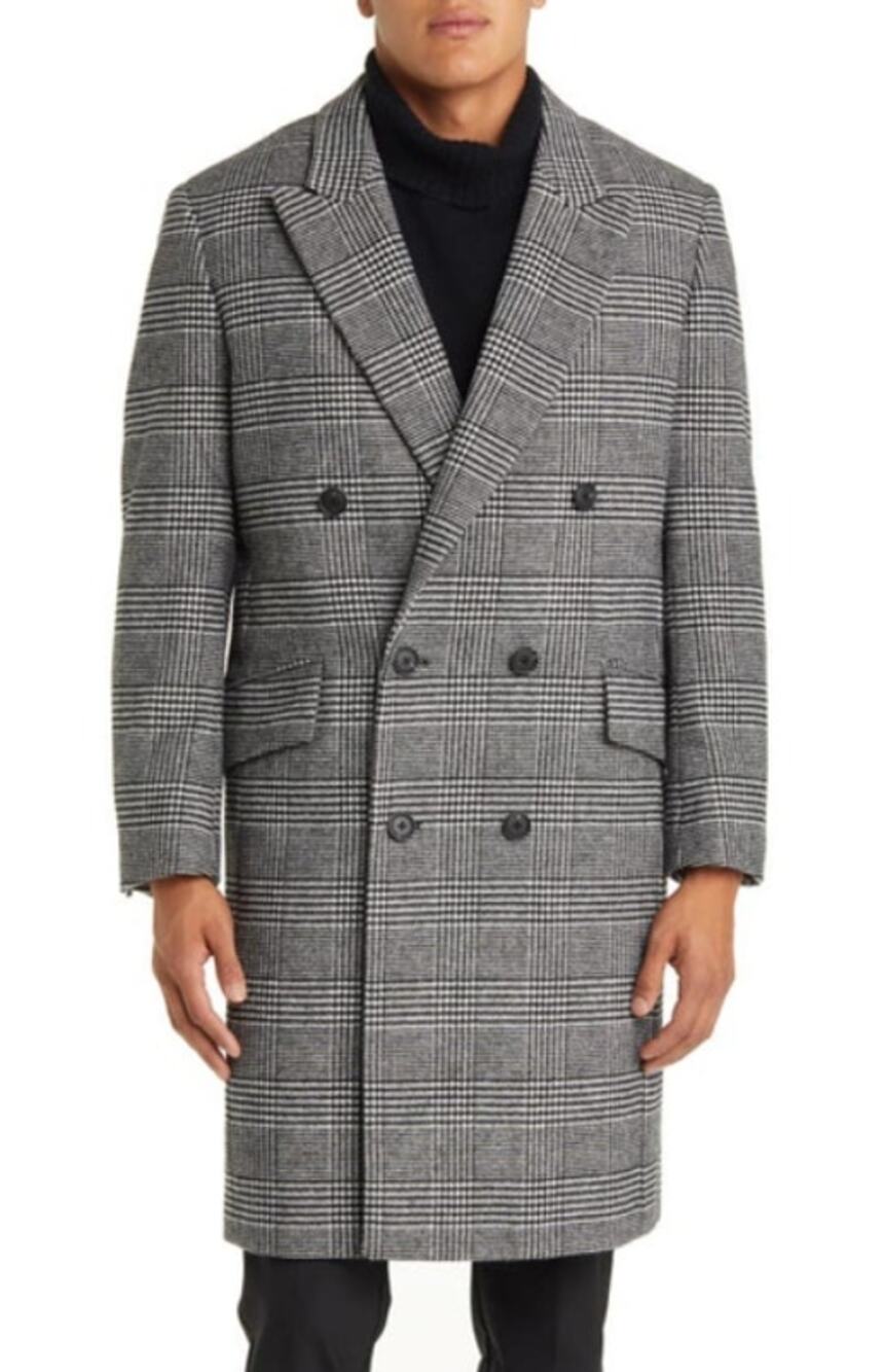 NORDSTROM Men's Glen Wool Blend Topcoat XL Black White Plaid XL NWOT